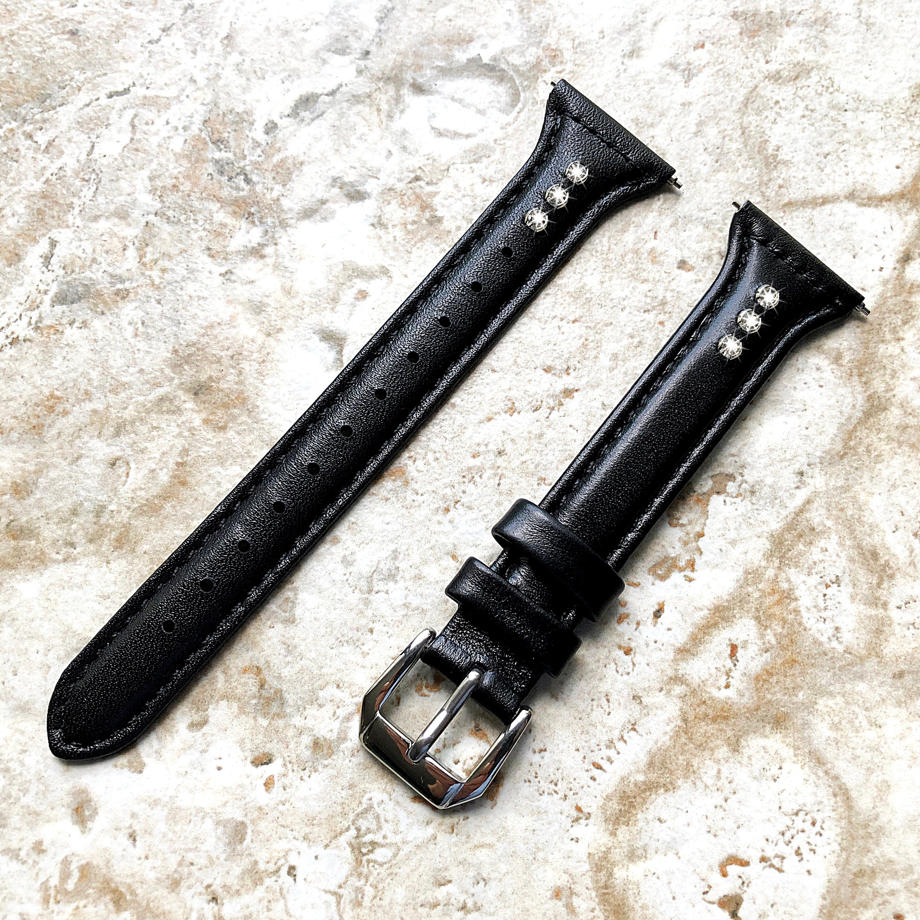 22mm Black Leather and Crystals Slim Elegant Soft Watch Strap Band for Wrist Hand Watches - Quick Release Pins Included Easy Ready to Attach